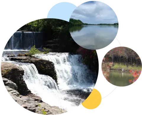 Collage of pictures related to water division in separate circles